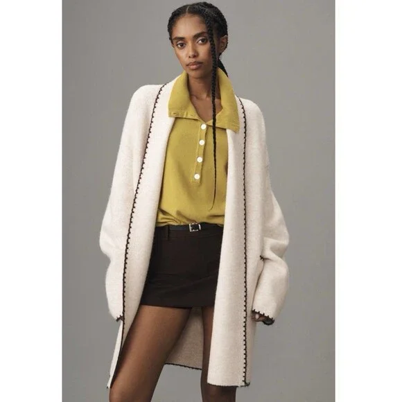 Anthropologie Flat White Cardigan Sweater Ivory Mariel Whipstitch One Size NWT
